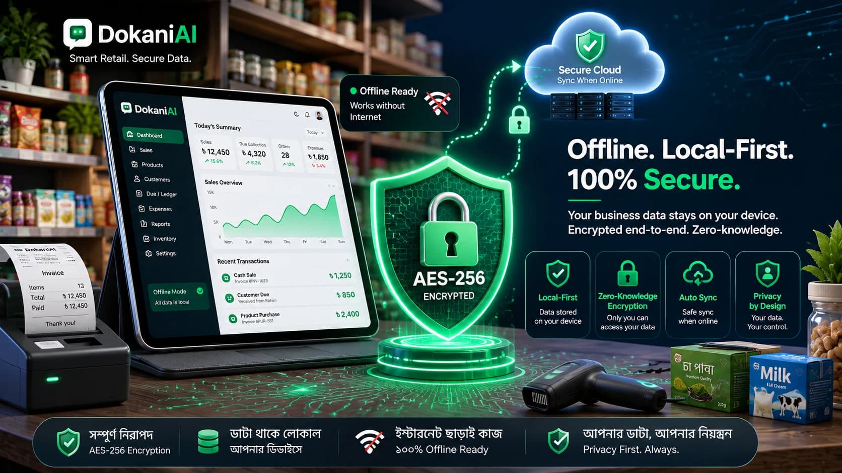ইন্টারনেট ছাড়াই সম্পূর্ণ দোকানের হিসাব ও জিরো-নলেজ সিকিউরিটি — DokaniAI এর নতুন প্রযুক্তি